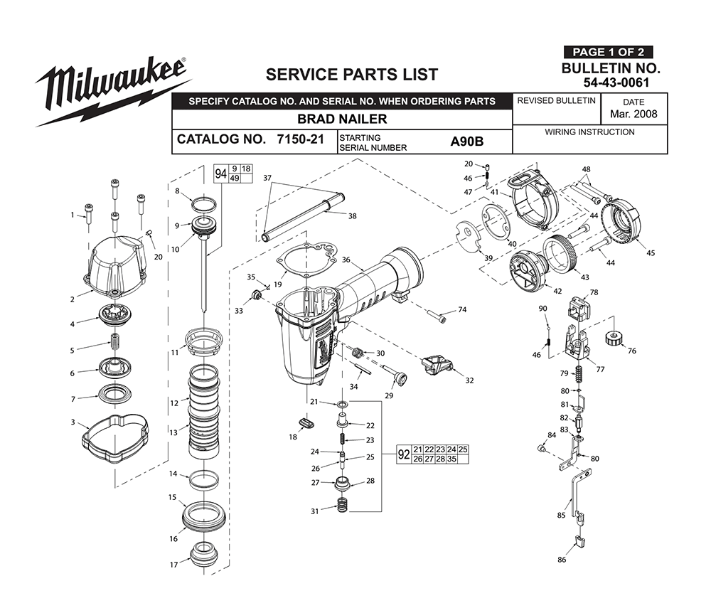 Buy Milwaukee 715021(A90B) brad nailer Replacement Tool Parts