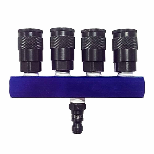 Interstate Pneumatics FPM44S-KA4 Aluminum Rectangular Manifold with Four 1/4" Steel Automotive Couplers & One 1/4" Steel Plug Kit