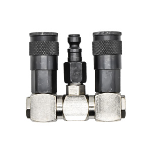 Interstate Pneumatics FS244-KA4 Double Swivel Manifold with Two 1/4" Steel Automotive Couplers & One 1/4" Steel Plug Kit