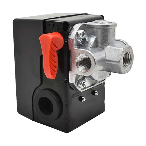 Interstate Pneumatics LF15-4H Pressure Switch - 105-135 PSI Four Port 1/4 NPT Female, 6.4 Mm Vertical Brass Unloader Valve With On – Off Lever