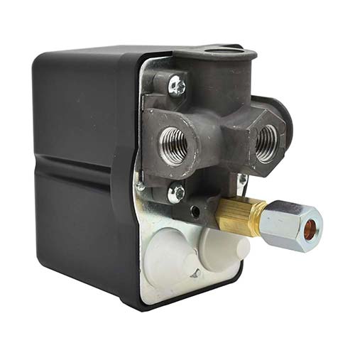 Interstate Pneumatics LF19-4H Pressure Switch - 105-135 PSI Four Port 1/4 NPT Female, 6.4 Mm Vertical Brass Unloader Valve With On – Off Knob