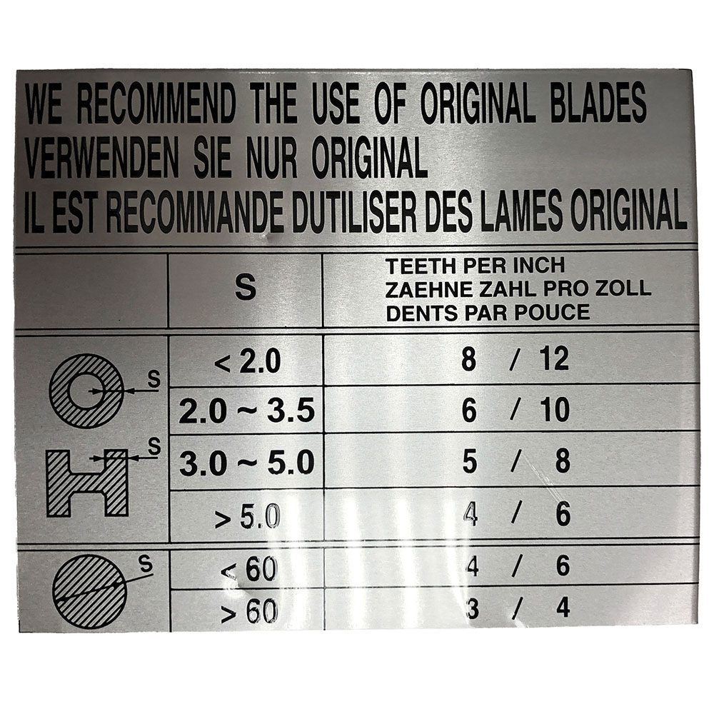 Jet BA9-1020036 BLADE TEETH SELECTION LABEL