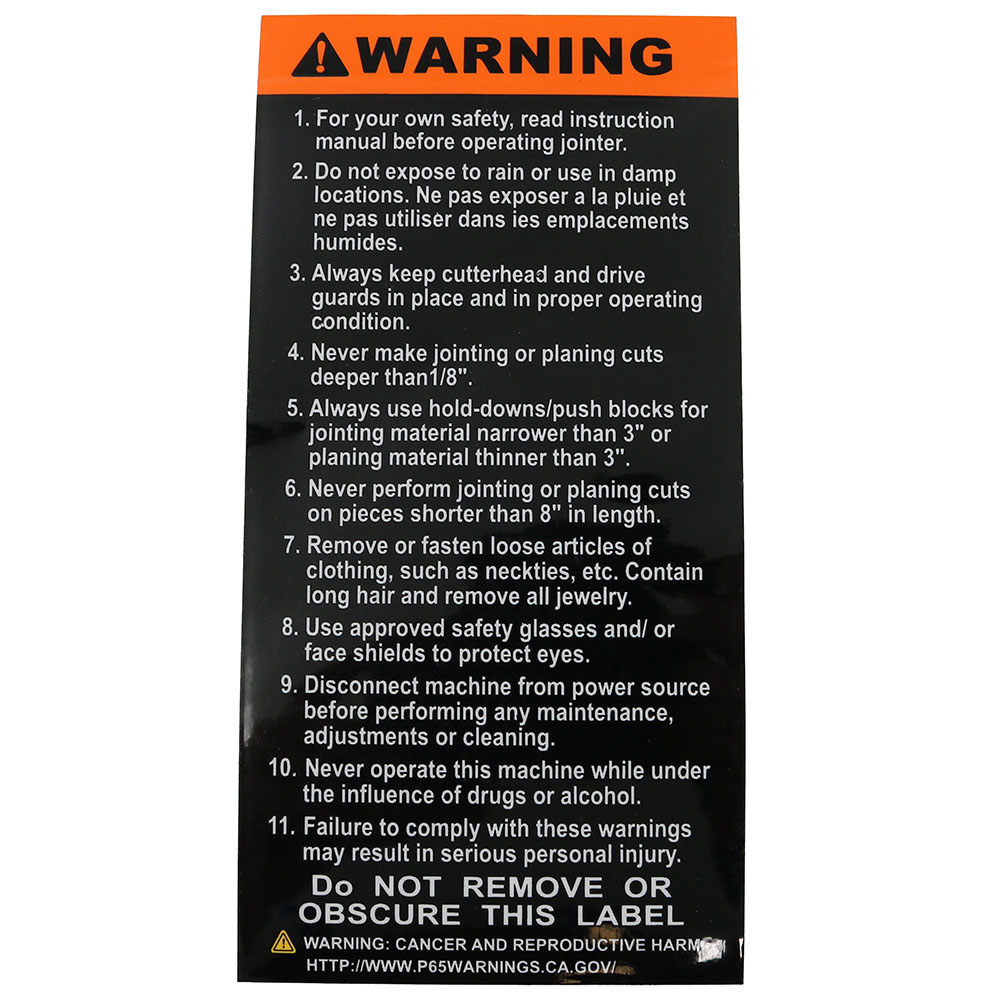 Jet JT9-JC-T23 Warning Label
