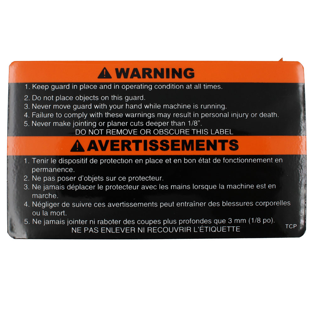 Jet JT9-JJ6-01CS Warning Label