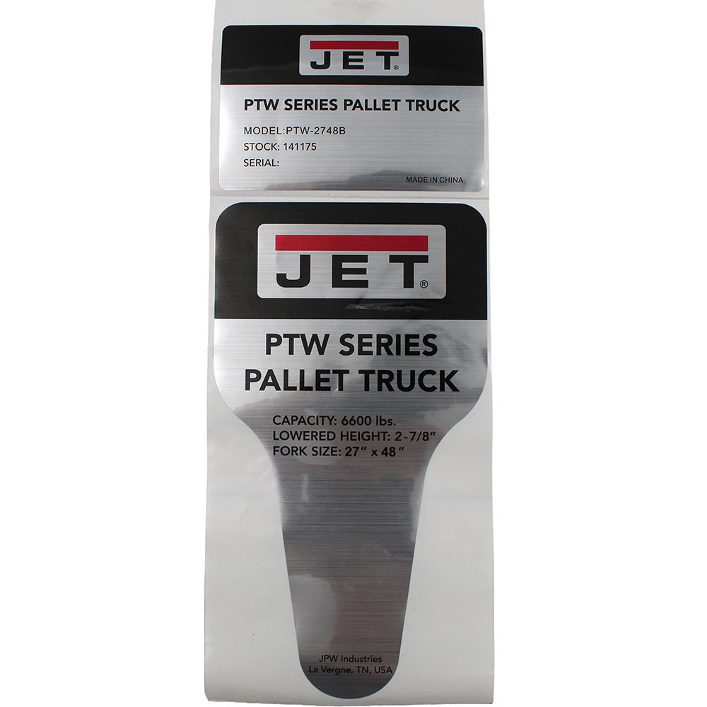 Jet JT9-PTW2748B-SL Specification Label, PTW-2748B (not Shown)